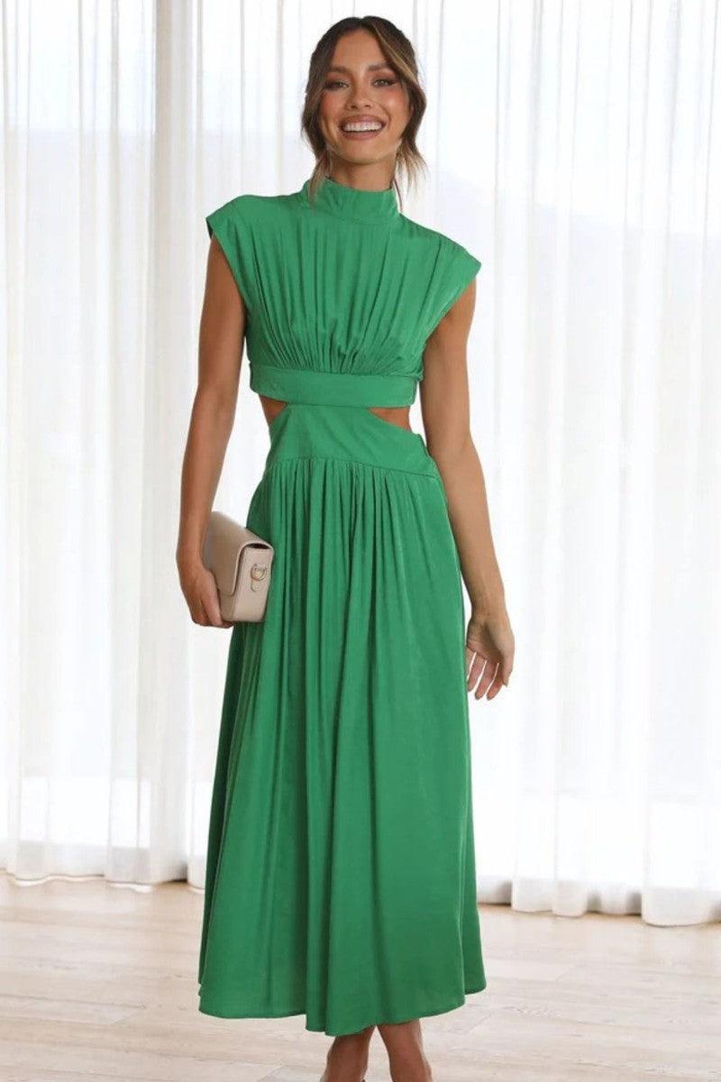 Cutout Mock Neck Sleeveless Ruched Dress-Green-35