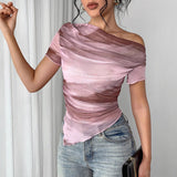 One-Shoulder Tie Dye Mesh Tee