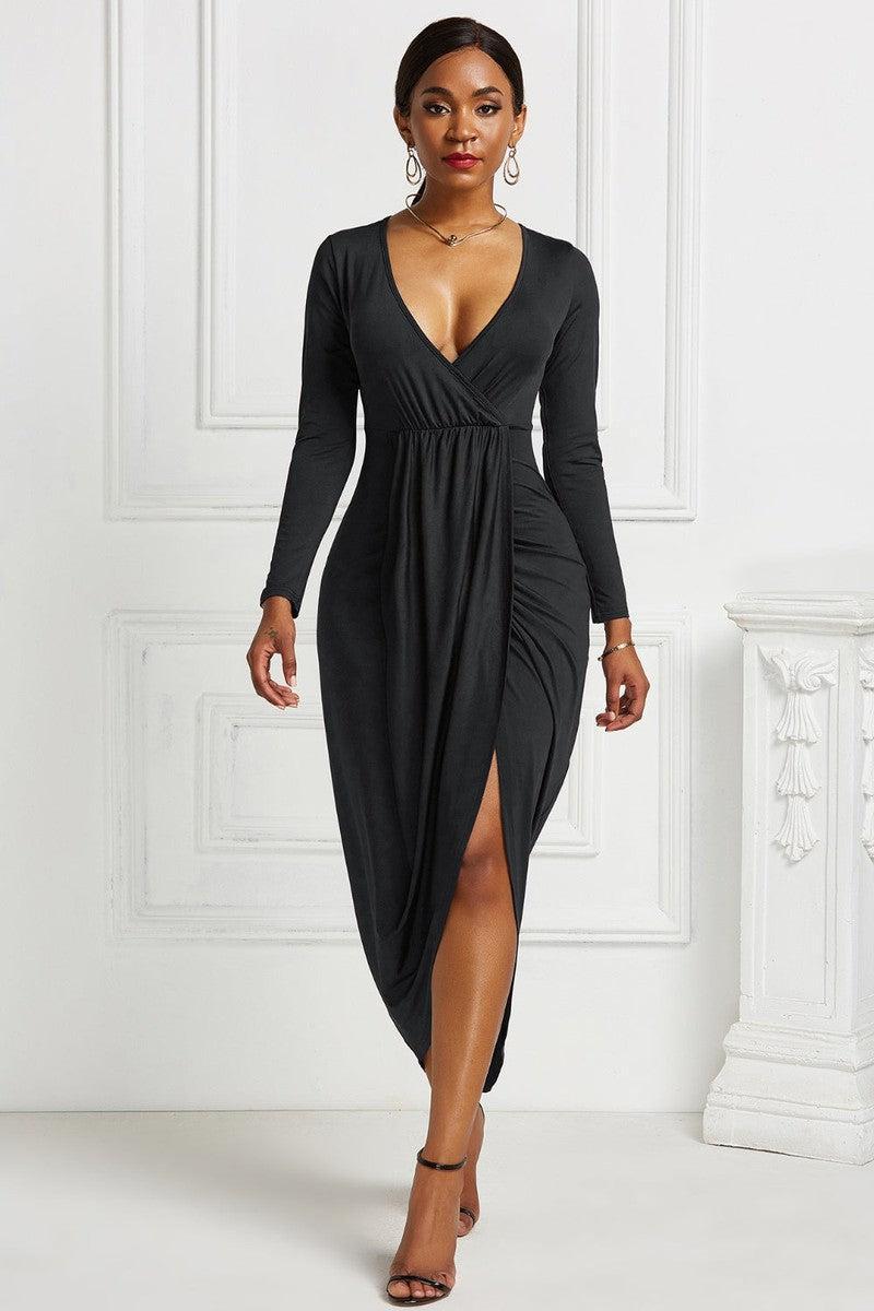 High-low Ruched Surplice Long Sleeve Dress-12