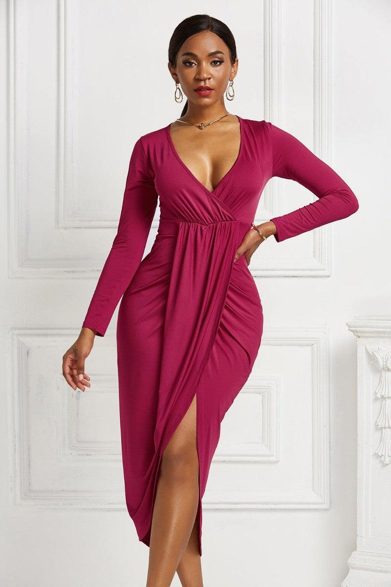 High-low Ruched Surplice Long Sleeve Dress-32