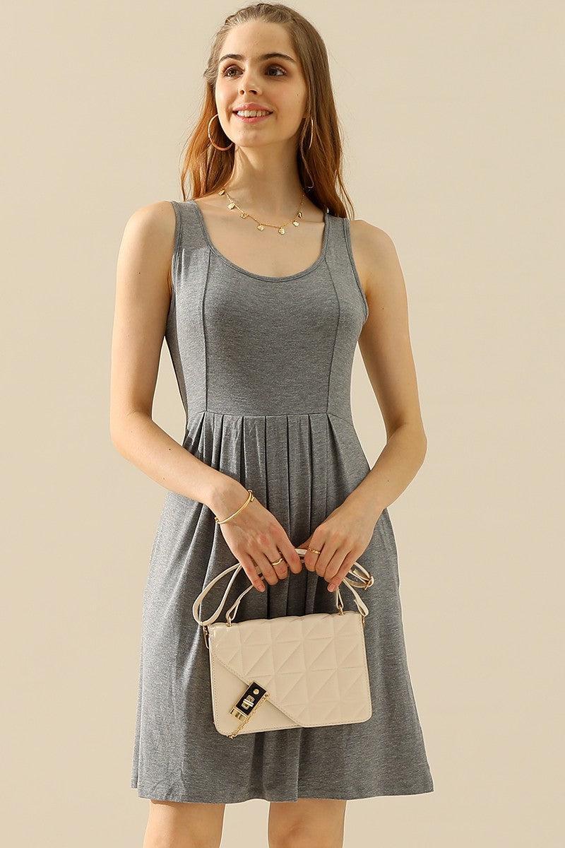 Doublju Full Size Round Neck Ruched Sleeveless Dress with Pockets-H GREY-1