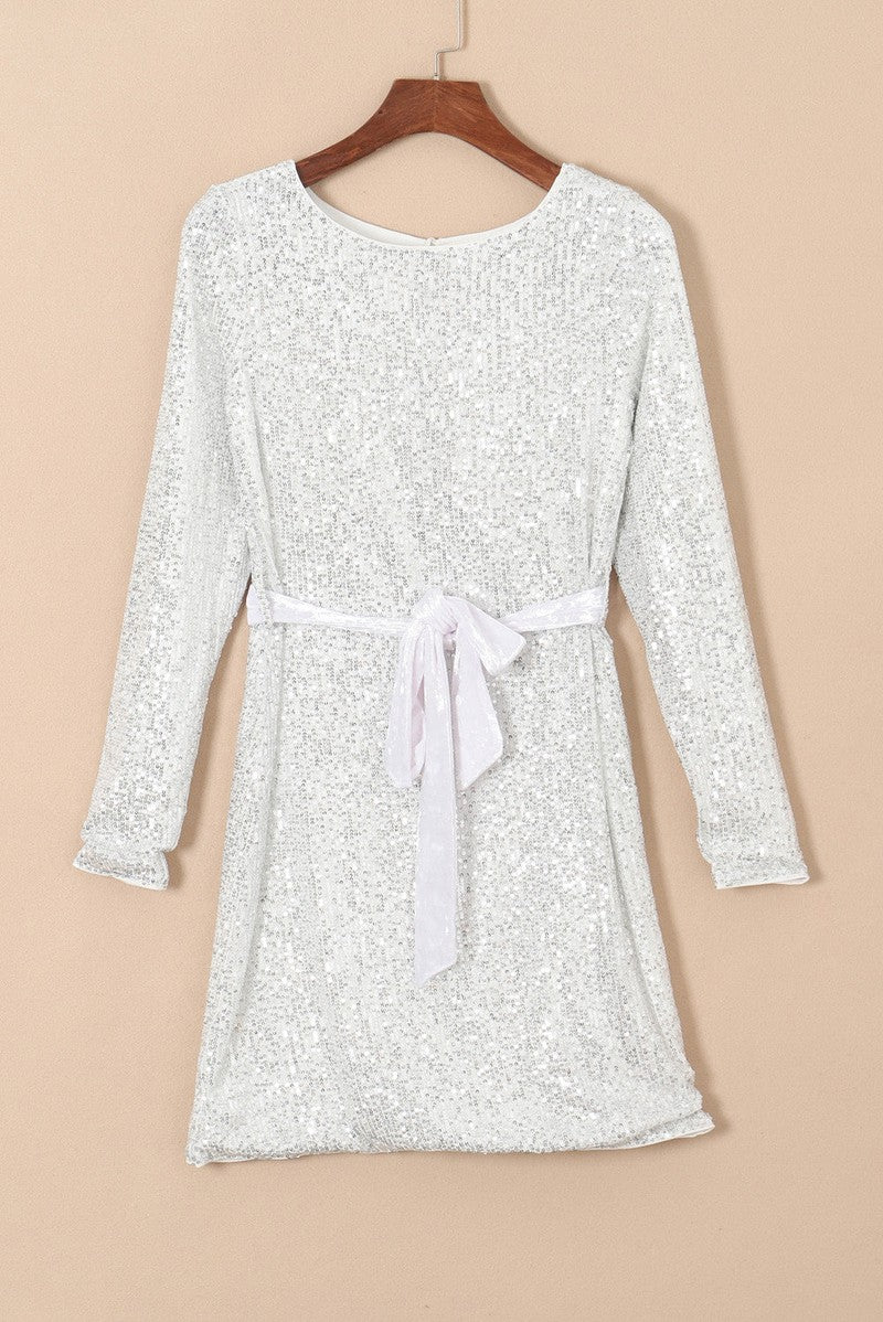 Sequin Tie Front T-Shirt Dress-Ivory-1