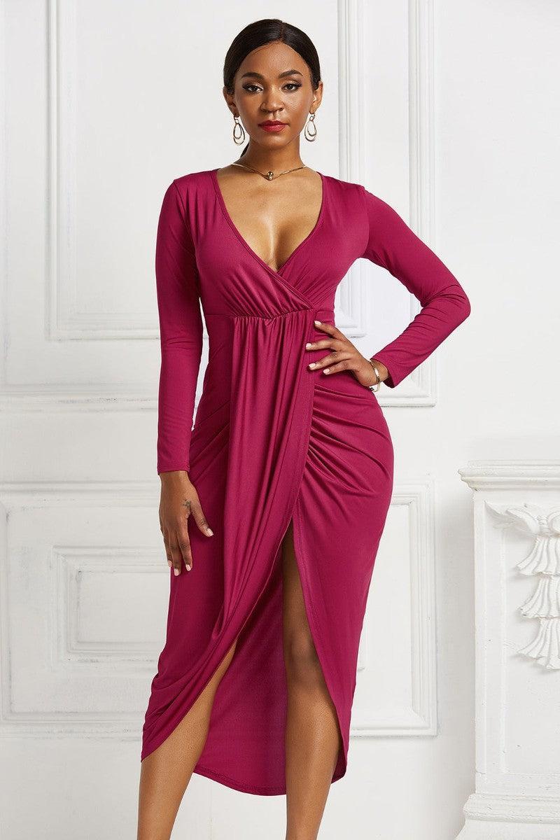 High-low Ruched Surplice Long Sleeve Dress-Deep Rose-31