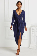 High-low Ruched Surplice Long Sleeve Dress-21