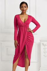 High-low Ruched Surplice Long Sleeve Dress-3