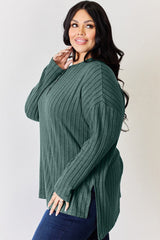 Basic Bae Full Size Ribbed Half Button Long Sleeve High-Low T-Shirt-13