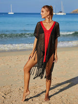 Angel Wings Contrast Fringe Trim Openwork Cover-Up Dress-16