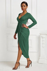 High-low Ruched Surplice Long Sleeve Dress-18