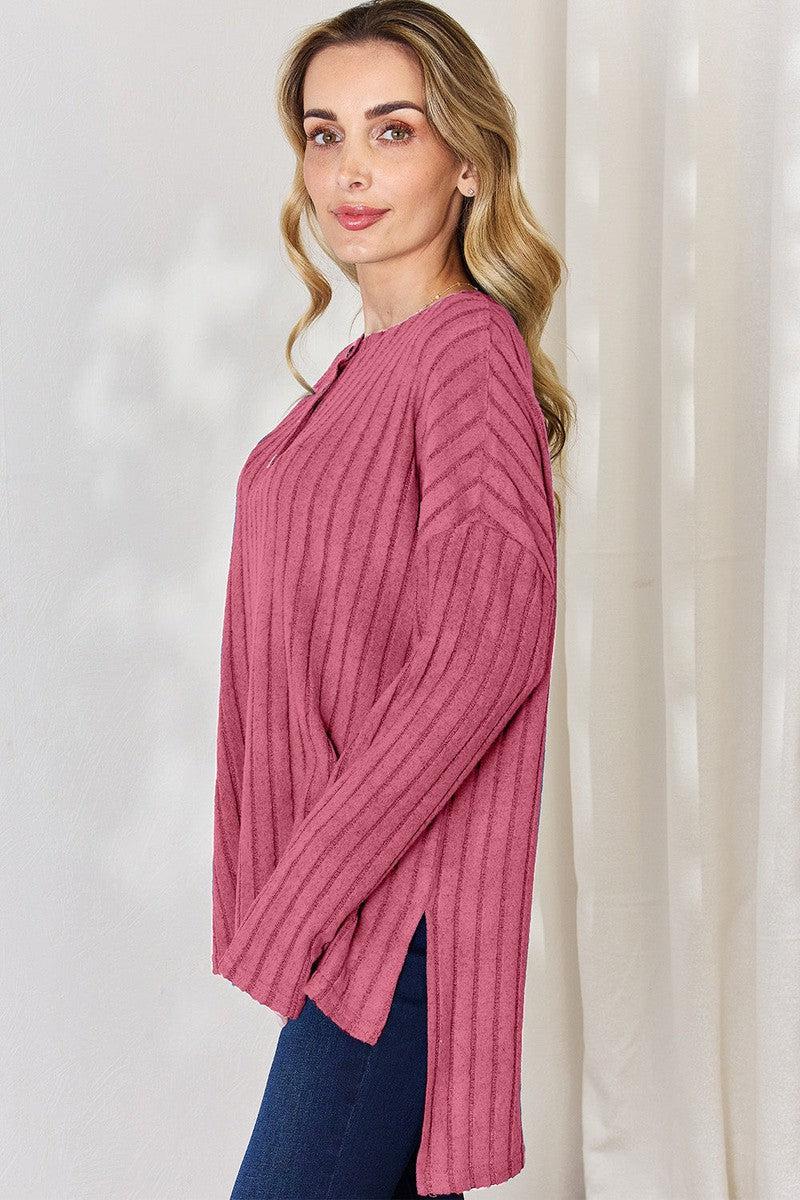 Basic Bae Full Size Ribbed Half Button Long Sleeve High-Low T-Shirt-17