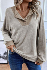 Contrast Quarter Button Round Neck Long Sleeve Top-8