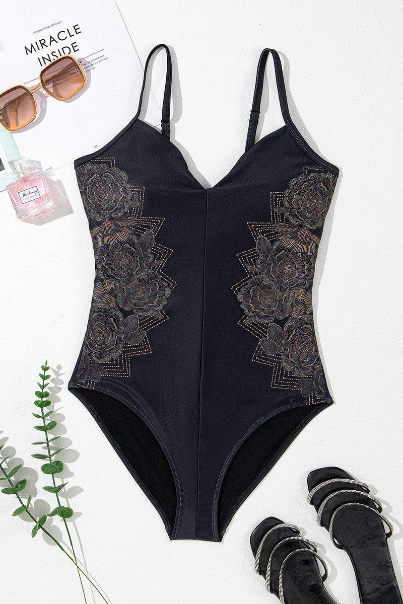 Embroidered V-Neck One-Piece Swimwear-2