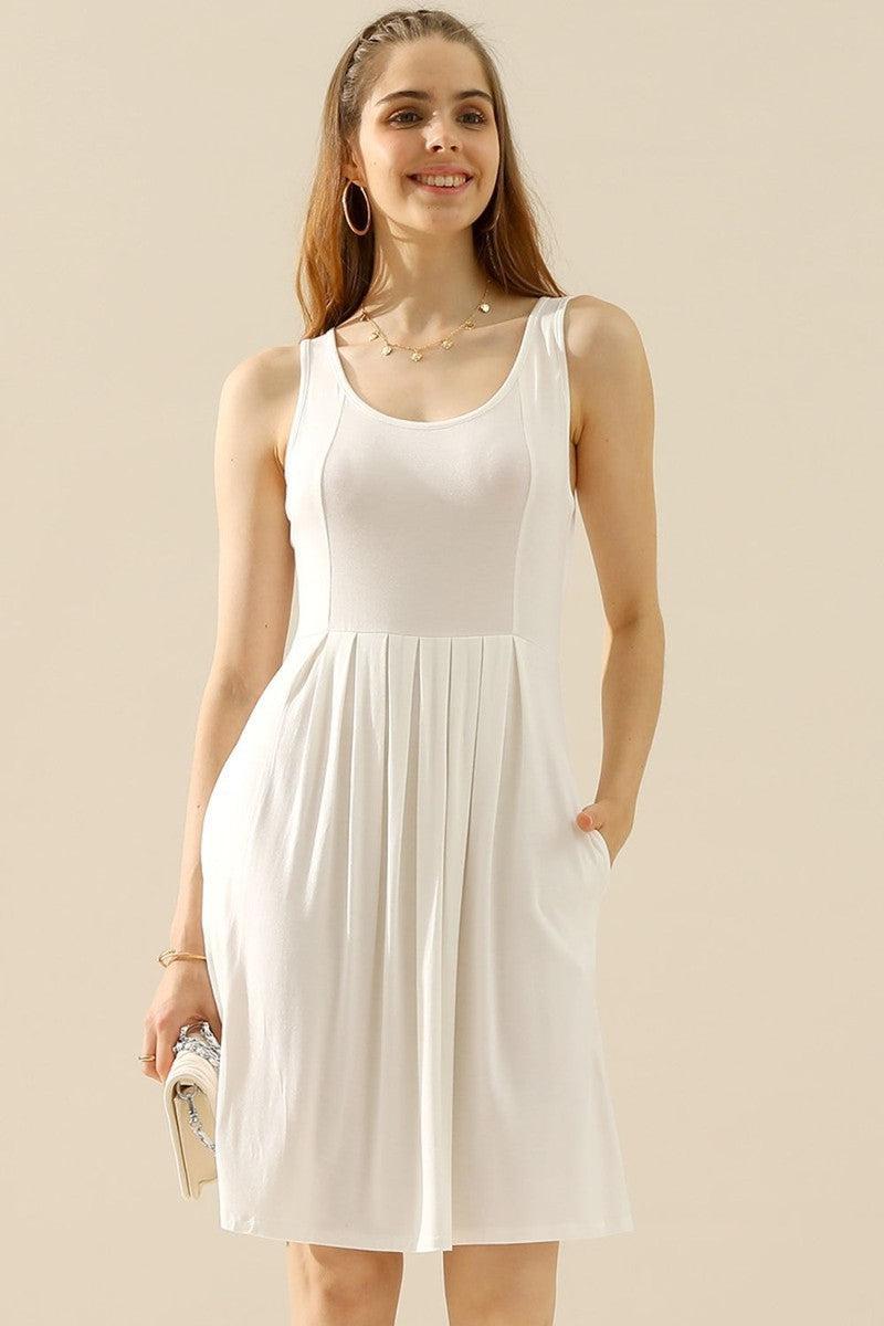 Doublju Full Size Round Neck Ruched Sleeveless Dress with Pockets-WHITE-17