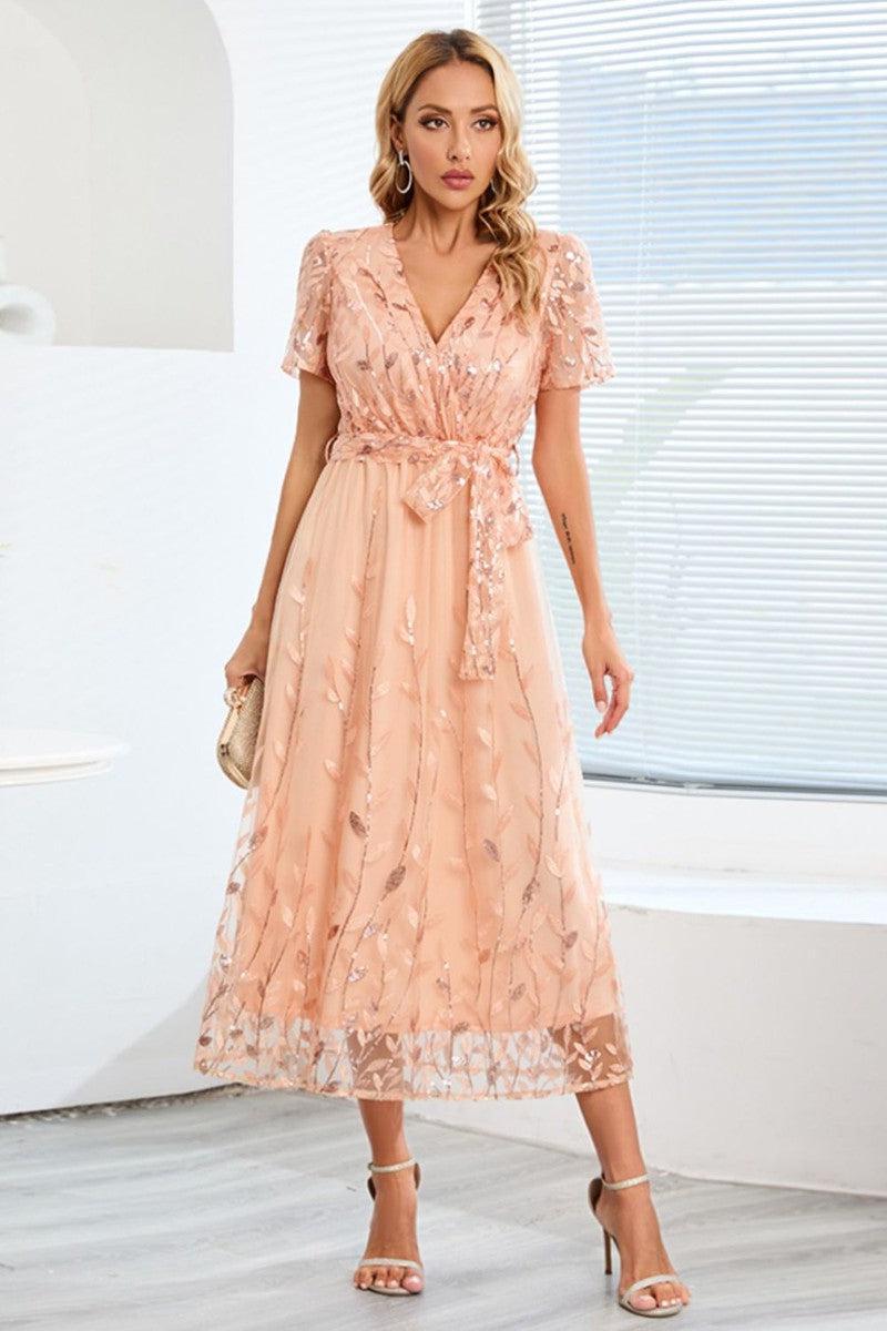 Sequin Leaf Embroidery Tie Front Short Sleeve Dress-23