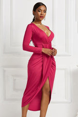 High-low Ruched Surplice Long Sleeve Dress-6