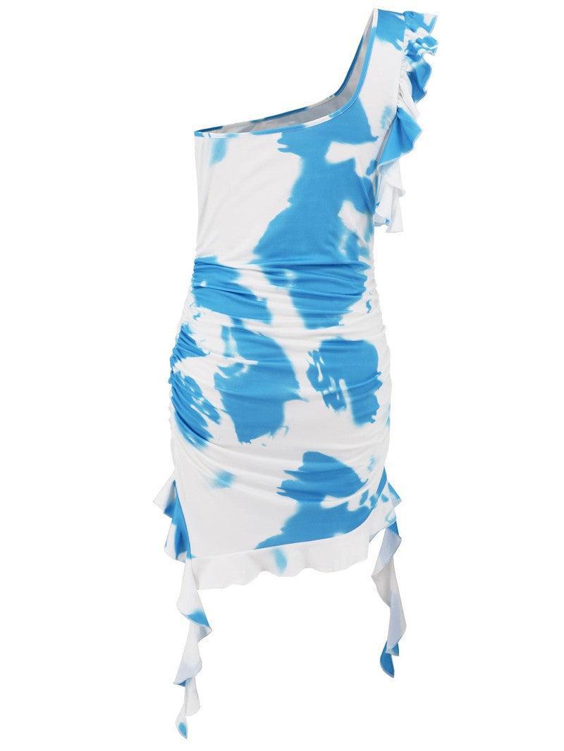 Ruffled Tie-Dye Single Shoulder Mini Dress-10