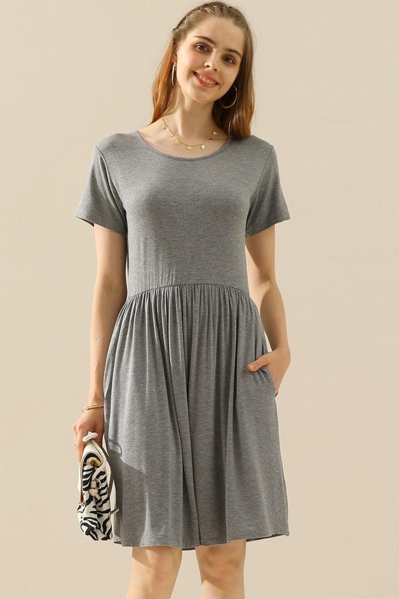 Ninexis Full Size Round Neck Ruched Dress with Pockets-H GREY-11