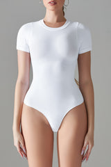 Round Neck Short Sleeve Active Bodysuit-White-33