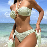 Elegant Ribbed Bandeau Bikini Set – Textured High-Waist Swimsuit with Wraparound Ties