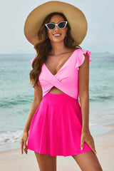 Cutout V-Neck Cap Sleeve One-Piece Swimwear-5