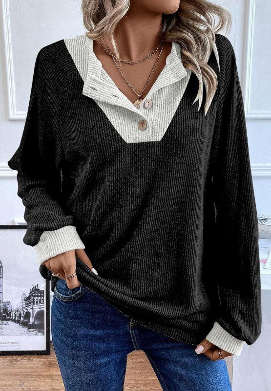 Contrast Quarter Button Round Neck Long Sleeve Top-Black-1