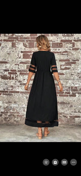 New Hot Sale: Five-Quarter Sleeve Mesh Patchwork Round Neck Pocket Dress