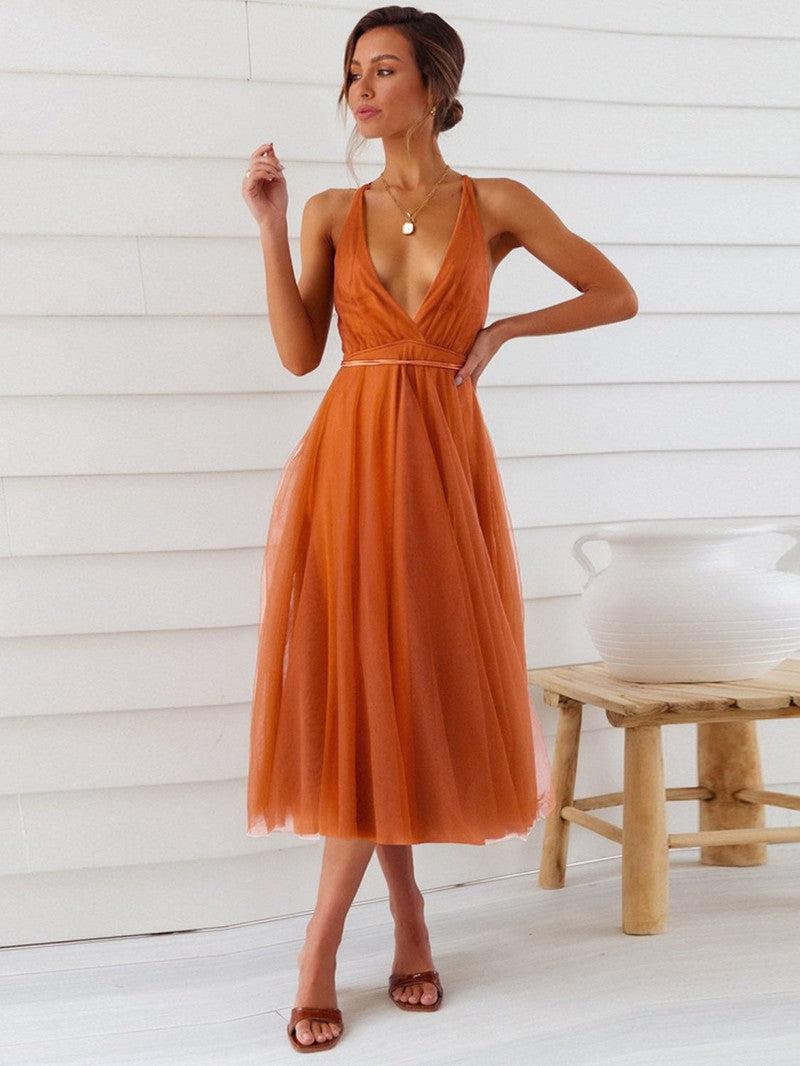 Backless Crisscross Sleeveless Midi Dress-Terracotta-5