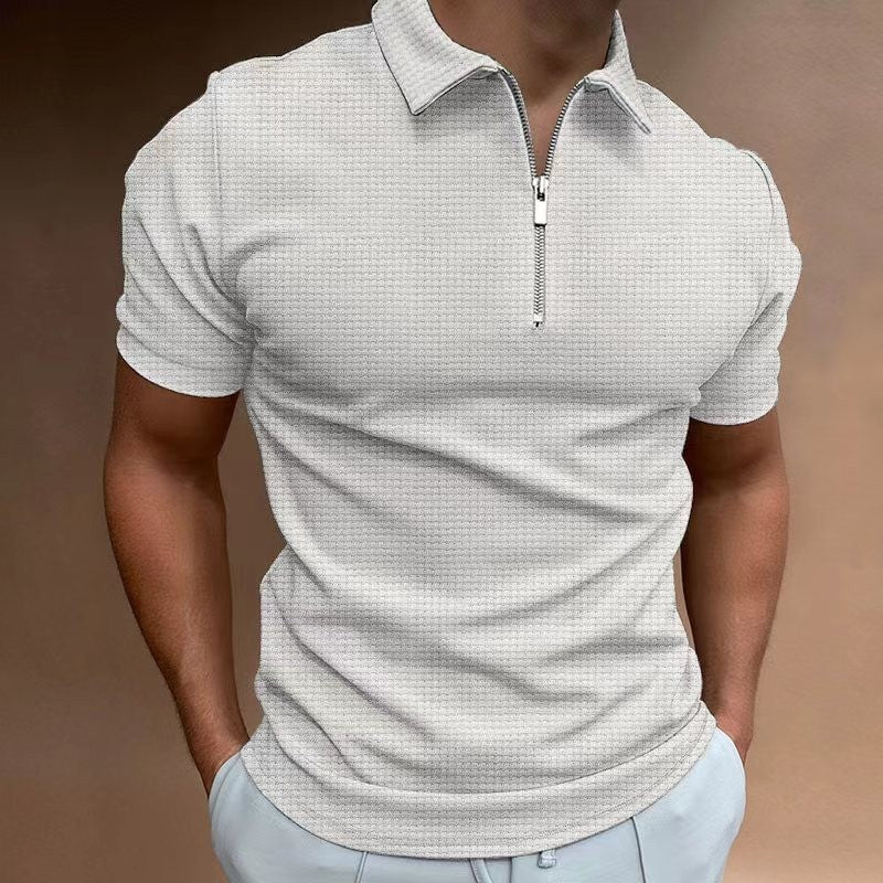 Men's Summer Slim Fit Short Sleeve Zipper Stripe Lapel Polo Shirt