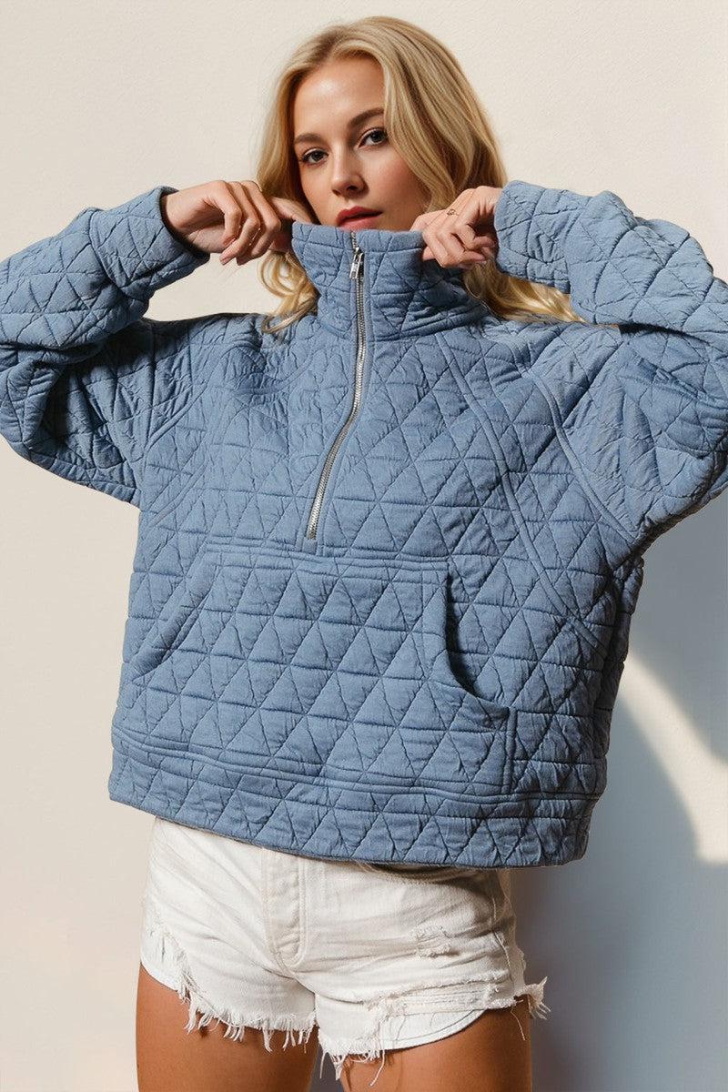 Double Take Half Zip Long Sleeve Quilted Sweatshirt with Pocket-Light Blue-7