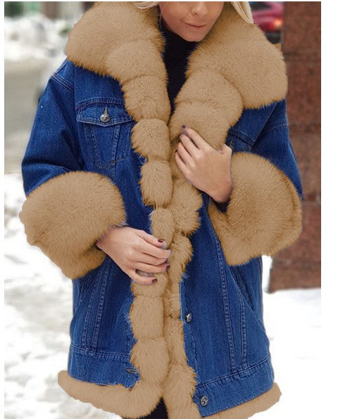 Denim Fur-Trimmed Longline Coat