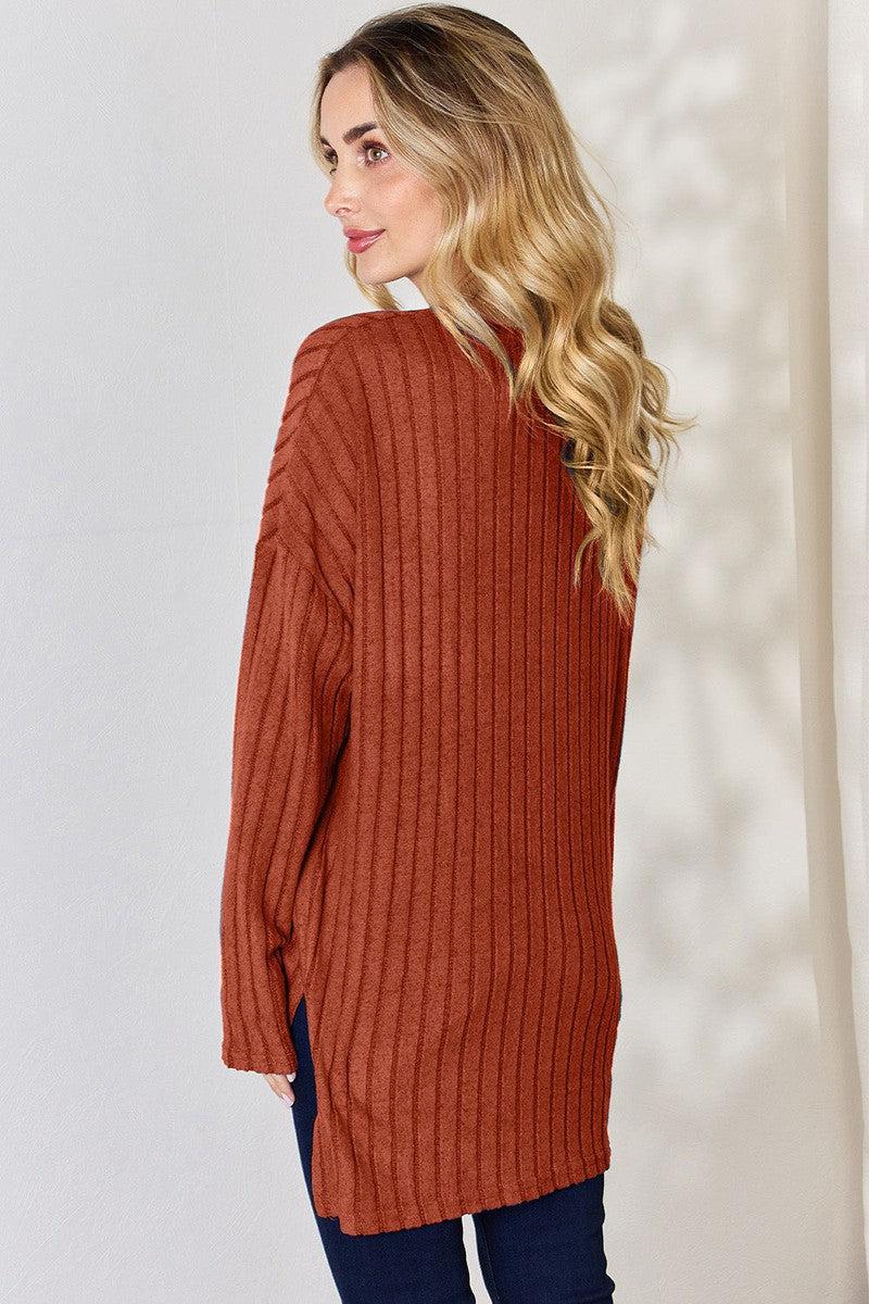 Basic Bae Full Size Ribbed Half Button Long Sleeve High-Low T-Shirt-25