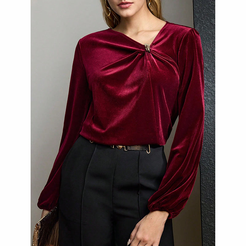 Velvet Twist Knot V-Neck Blouse