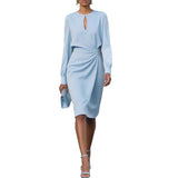 Temperament Pure Color Pleated Waist Tight Round Neck Hollow Dress