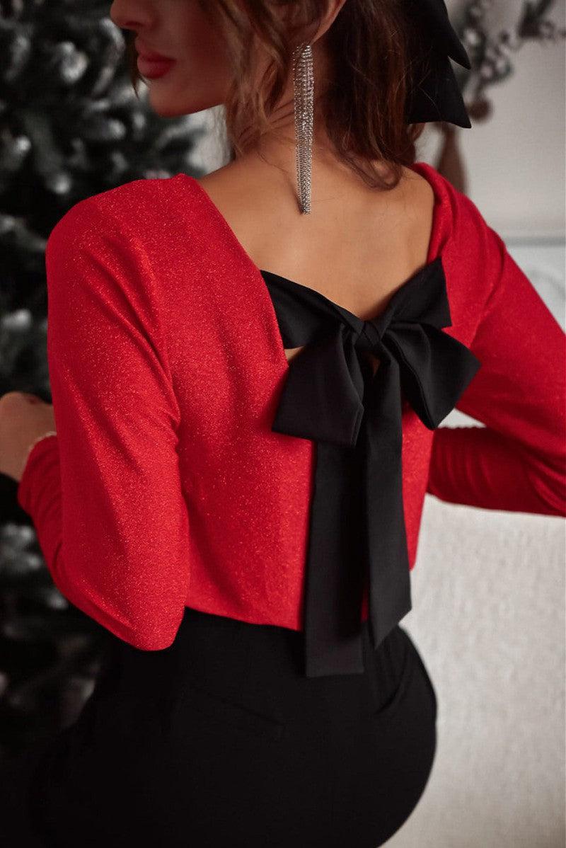 Bowknot V-Neck Long Sleeve Blouse-Red-1