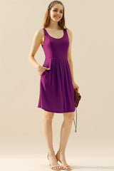 Doublju Full Size Round Neck Ruched Sleeveless Dress with Pockets-PLUM-14