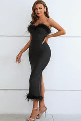 Feather Trim Strapless Sweetheart Neck Dress-3