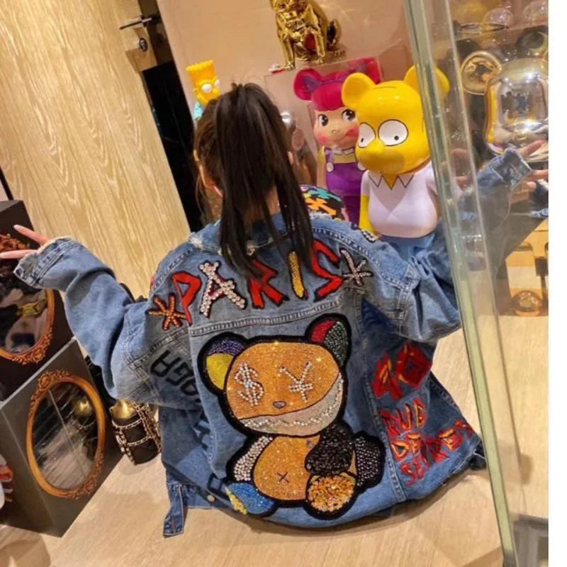 Oversized Denim Jacket with Cartoon Embellishments – Vibrant Street Style-1