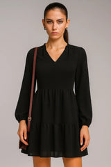 Szyfonowa oryginalna sukienka z długim rękawem i dekoltem w kształcie litery A