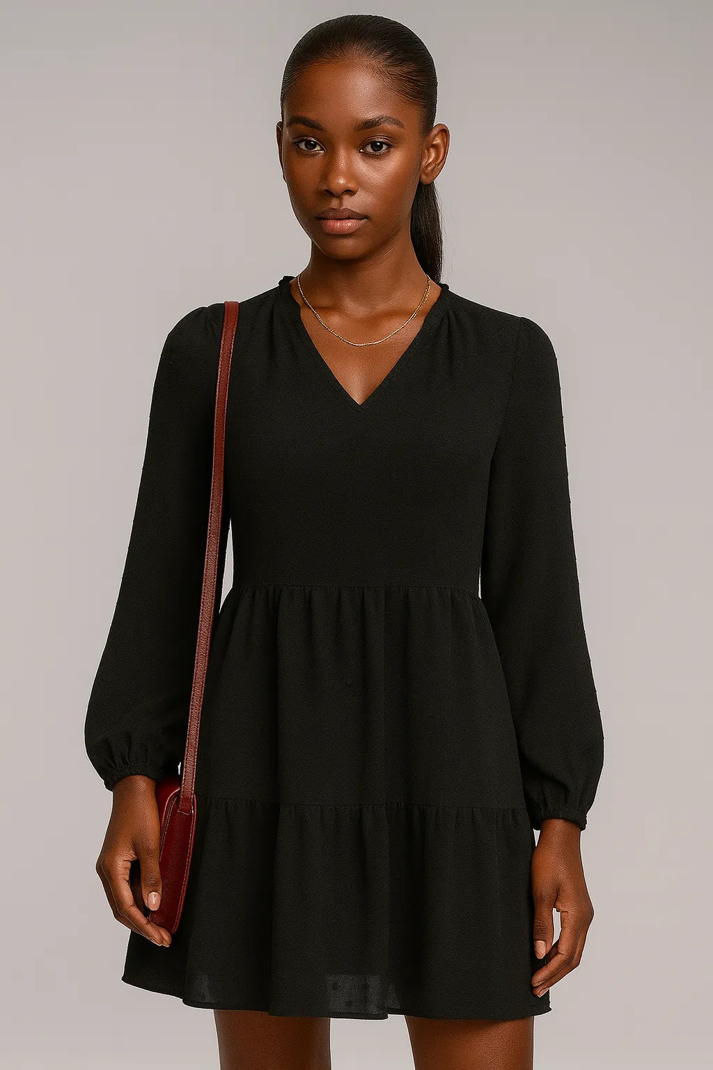 Szyfonowa oryginalna sukienka z długim rękawem i dekoltem w kształcie litery A