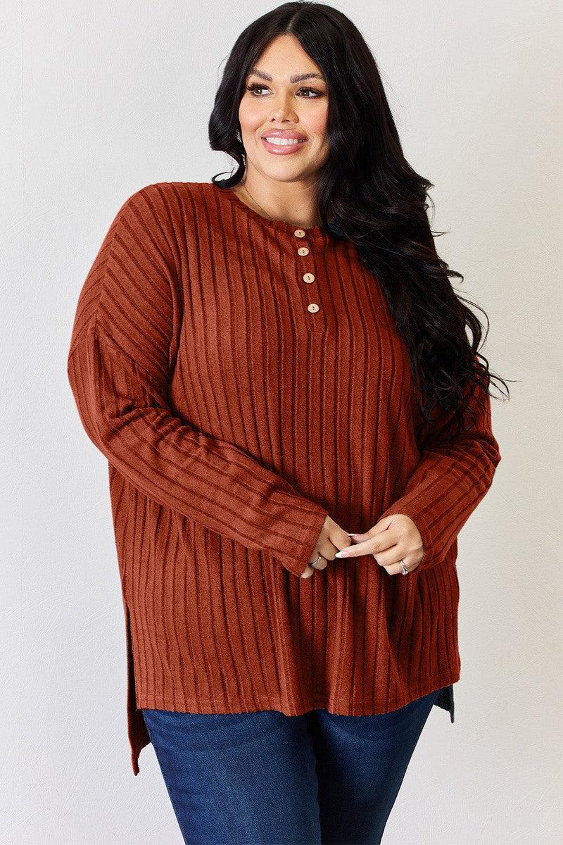 Basic Bae Full Size Ribbed Half Button Long Sleeve High-Low T-Shirt-26