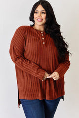 Basic Bae Full Size Ribbed Half Button Long Sleeve High-Low T-Shirt-26