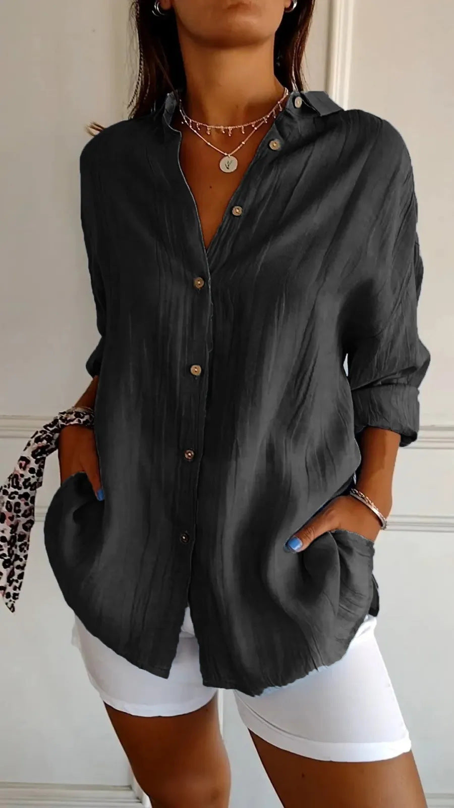 Elegant Women's Long Sleeve Pleated Shirt – Button-Up Blouse with Lapel Collar