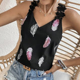 Women's Printed Feather Pattern V-Neck Camisole Vest | Slimming and Stylish Sleeveless Top