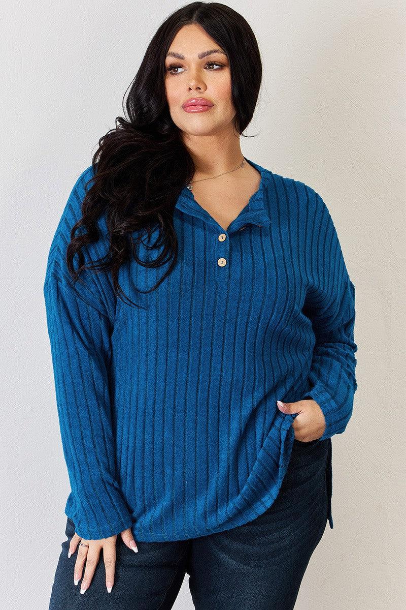 Basic Bae Full Size Ribbed Half Button Long Sleeve High-Low T-Shirt-6