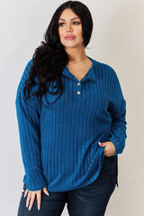 Basic Bae Full Size Ribbed Half Button Long Sleeve High-Low T-Shirt-6