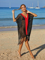 Angel Wings Contrast Fringe Trim Openwork Cover-Up Dress-12