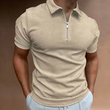 Men's Summer Slim Fit Short Sleeve Zipper Stripe Lapel Polo Shirt