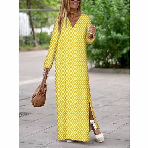 Summer Chic: Geometric Printed V-Neck Long Dress with Slit & Long Sleeves