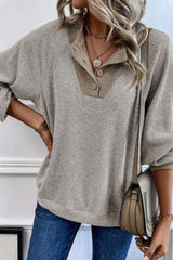 Contrast Quarter Button Round Neck Long Sleeve Top-7