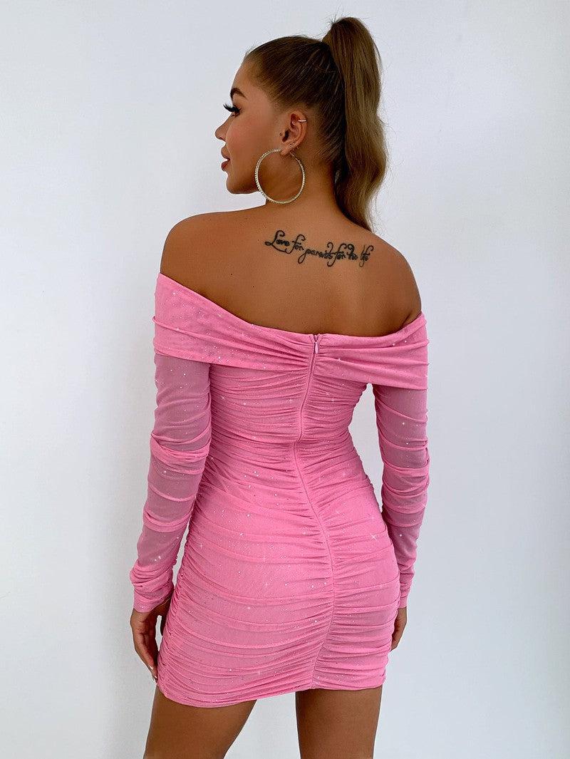 Glitter Ruched Off-Shoulder Long Sleeve Bodycon Dress-5