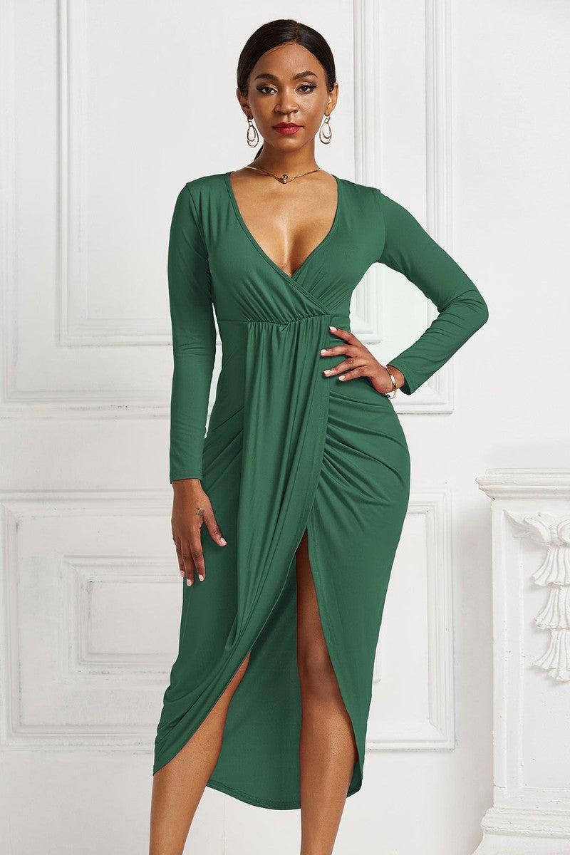 High-low Ruched Surplice Long Sleeve Dress-16